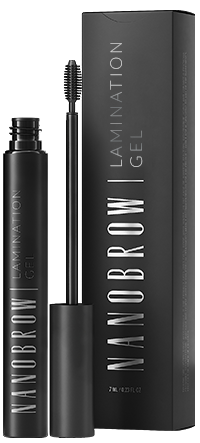 Nanobrow Laminating Gel in a black tube with an open brush, shown next to a matching black box with the product name printed vertically in white.