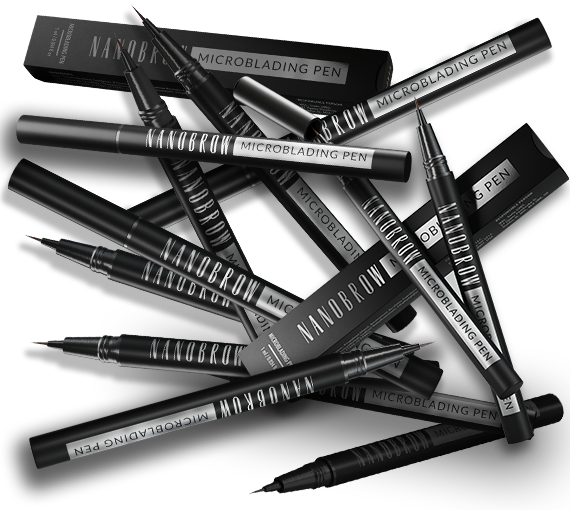 Nanobrow microblading pens and packaging on dark background