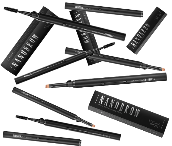 Nanobrow eyebrow brushes and packaging on dark background