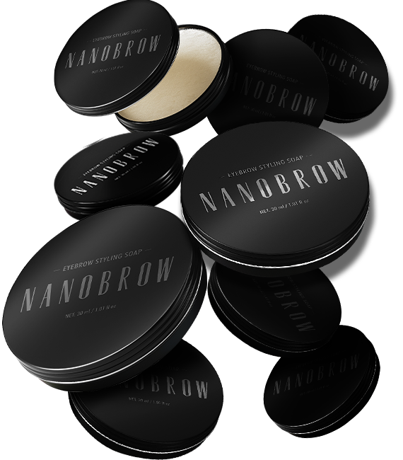 Nanobrow eyebrow styling soap tins on dark background