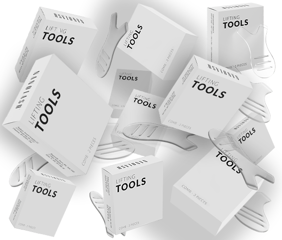 White boxes labeled lifting tools with transparent lash combs on dark background